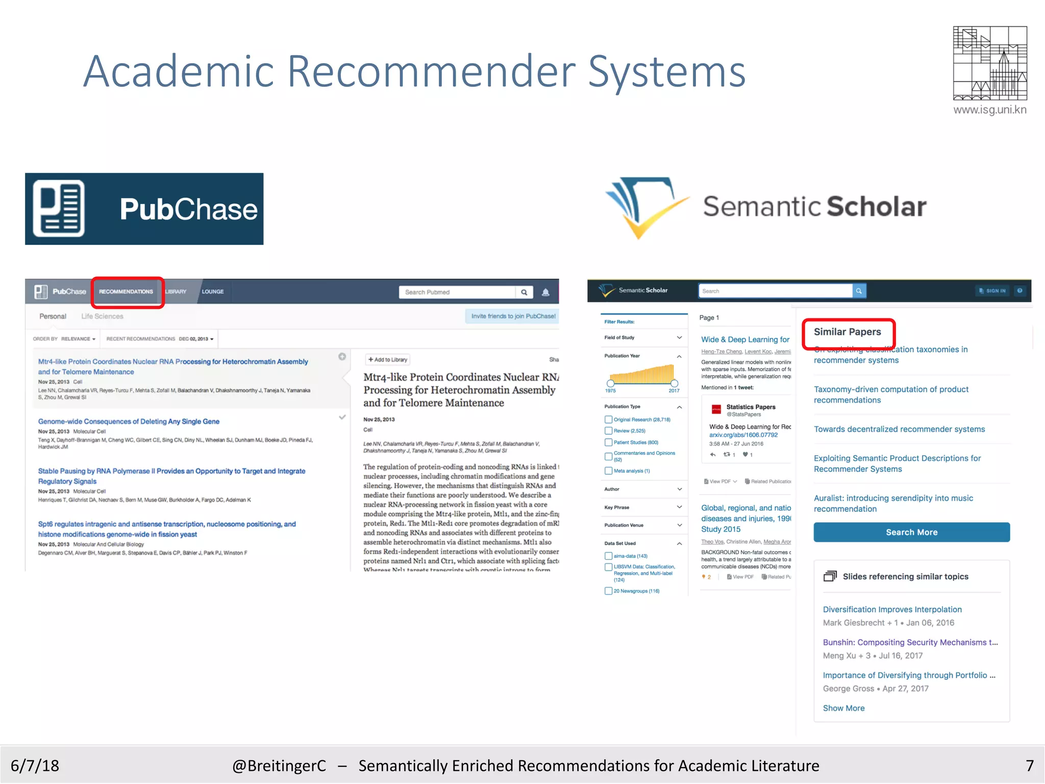 76/7/18
Academic Recommender Systems
@BreitingerC – Semantically Enriched Recommendations for Academic Literature
 