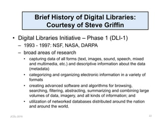 JCDL-2016
Brief History of Digital Libraries:
Courtesy of Steve Griffin
•  Digital Libraries Initiative – Phase 1 (DLI-1)
–  1993 - 1997: NSF, NASA, DARPA
–  broad areas of research
•  capturing data of all forms (text, images, sound, speech, mixed
and multimedia, etc.) and descriptive information about the data
(metadata)
•  categorizing and organizing electronic information in a variety of
formats
•  creating advanced software and algorithms for browsing,
searching, filtering, abstracting, summarizing and combining large
volumes of data, imagery, and all kinds of information; and
•  utilization of networked databases distributed around the nation
and around the world.
22
 