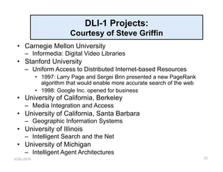 JCDL-2016
DLI-1 Projects:
Courtesy of Steve Griffin
•  Carnegie Mellon University
–  Informedia: Digital Video Libraries
•  Stanford University
–  Uniform Access to Distributed Internet-based Resources
•  1997: Larry Page and Sergei Brin presented a new PageRank
algorithm that would enable more accurate search of the web
•  1998: Google Inc. opened for business
•  University of California, Berkeley
–  Media Integration and Access
•  University of California, Santa Barbara
–  Geographic Information Systems
•  University of Illinois
–  Intelligent Search and the Net
•  University of Michigan
–  Intelligent Agent Architectures
23
 