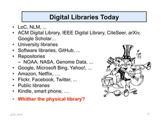 JCDL-2016
Digital Libraries Today
•  LoC, NLM, ...
•  ACM Digital Library, IEEE Digital Library, CiteSeer, arXiv,
Google Scholar…
•  University libraries
•  Software libraries, GitHub, ...
•  Repositories
–  NOAA, NASA, Genome Data, ...
•  Google, Microsoft Bing, Yahoo!, ...
•  Amazon, Netflix, …
•  Flickr, Facebook, Twitter, ...
•  Public libraries
•  Kindle, smart phone, …
•  Whither the physical library?
27
 