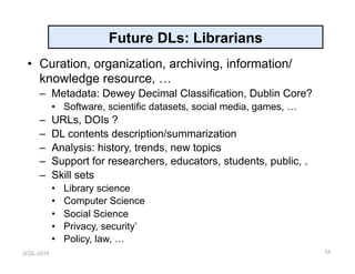 JCDL-2016
Future DLs: Librarians
•  Curation, organization, archiving, information/
knowledge resource, …
–  Metadata: Dewey Decimal Classification, Dublin Core?
•  Software, scientific datasets, social media, games, …
–  URLs, DOIs ?
–  DL contents description/summarization
–  Analysis: history, trends, new topics
–  Support for researchers, educators, students, public, .
–  Skill sets
•  Library science
•  Computer Science
•  Social Science
•  Privacy, security’
•  Policy, law, …
34
 