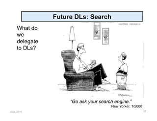 JCDL-2016
Future DLs: Search
What do
we
delegate
to DLs?
37
“Go ask your search engine.”
New Yorker, 1/2000
 