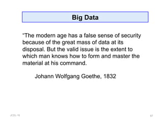 JCDL-16
Big Data
67
“The modern age has a false sense of security
because of the great mass of data at its
disposal. But the valid issue is the extent to
which man knows how to form and master the
material at his command.
Johann Wolfgang Goethe, 1832
 
