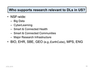 JCDL-2016
Who supports research relevant to DLs in US?
•  NSF-wide:
–  Big Data
–  CyberLearning
–  Smart & Connected Health
–  Smart & Connected Communities
–  Major Research Infrastructure
•  BIO, EHR, SBE, GEO (e.g.,EarthCube), MPS, ENG
69
 