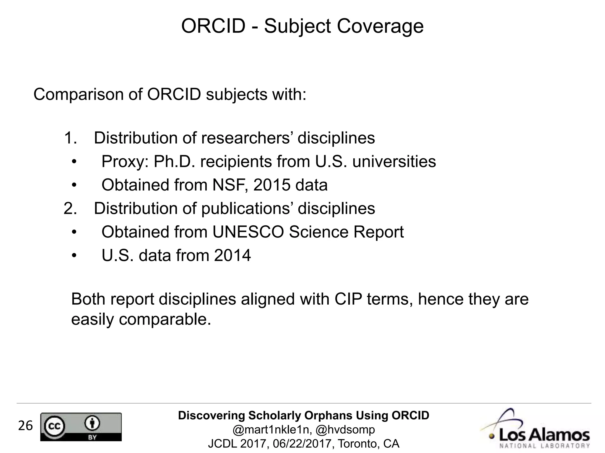 Discovering Scholarly Orphans Using ORCID
@mart1nkle1n, @hvdsomp
JCDL 2017, 06/22/2017, Toronto, CA
26
Comparison of ORCID subjects with:
1. Distribution of researchers’ disciplines
• Proxy: Ph.D. recipients from U.S. universities
• Obtained from NSF, 2015 data
2. Distribution of publications’ disciplines
• Obtained from UNESCO Science Report
• U.S. data from 2014
Both report disciplines aligned with CIP terms, hence they are
easily comparable.
ORCID - Subject Coverage
 