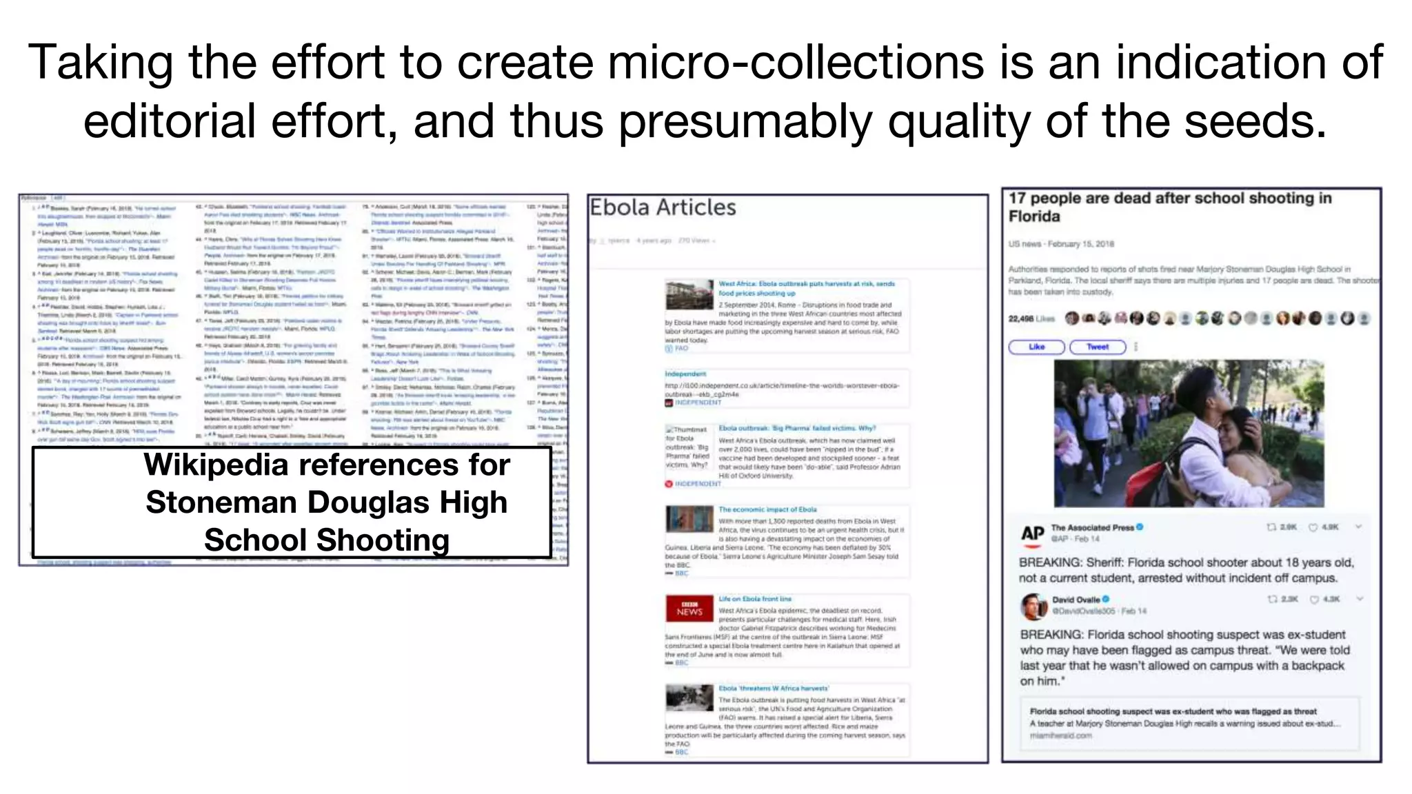 Taking the effort to create micro-collections is an indication of
editorial effort, and thus presumably quality of the seeds.
18
Wikipedia references for
Stoneman Douglas High
School Shooting
 
