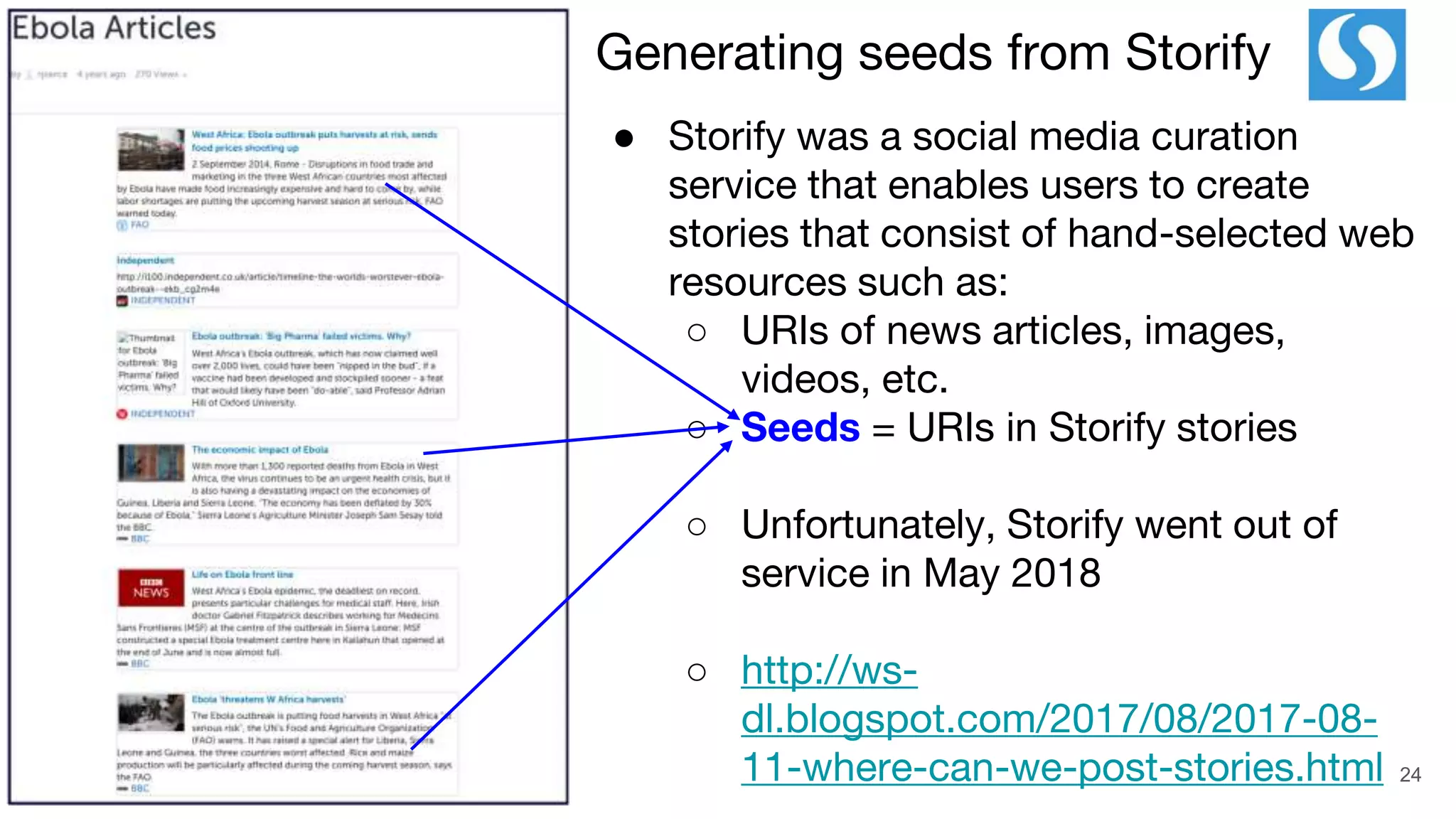 ● Storify was a social media curation
service that enables users to create
stories that consist of hand-selected web
resources such as:
○ URIs of news articles, images,
videos, etc.
○ Seeds = URIs in Storify stories
○ Unfortunately, Storify went out of
service in May 2018
○ http://ws-
dl.blogspot.com/2017/08/2017-08-
11-where-can-we-post-stories.html 24
Generating seeds from Storify
 