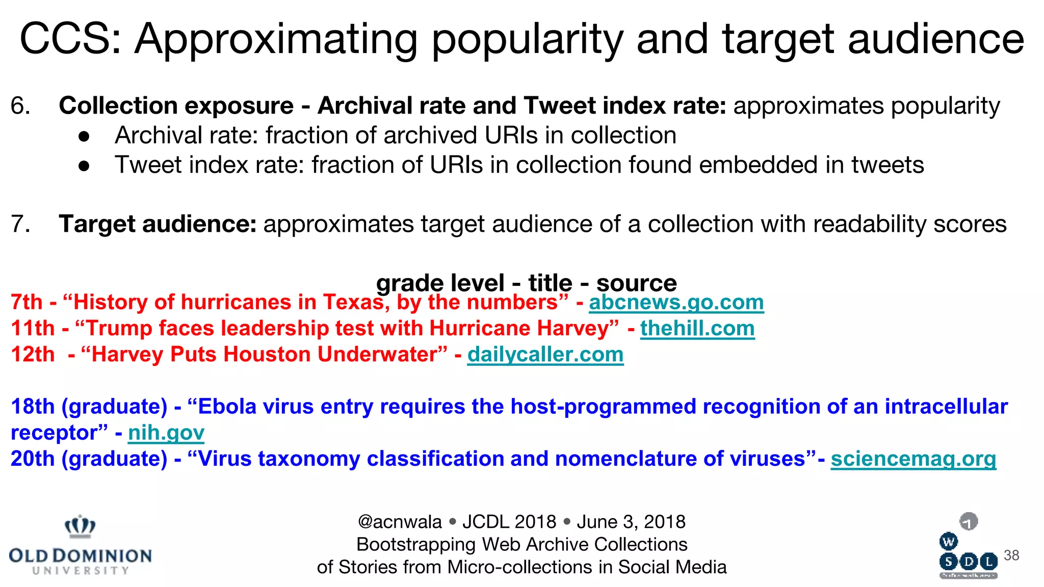 38
6. Collection exposure - Archival rate and Tweet index rate: approximates popularity
● Archival rate: fraction of archived URIs in collection
● Tweet index rate: fraction of URIs in collection found embedded in tweets
7. Target audience: approximates target audience of a collection with readability scores
grade level - title - source
CCS: Approximating popularity and target audience
7th - “History of hurricanes in Texas, by the numbers” - abcnews.go.com
11th - “Trump faces leadership test with Hurricane Harvey” - thehill.com
12th - “Harvey Puts Houston Underwater” - dailycaller.com
18th (graduate) - “Ebola virus entry requires the host-programmed recognition of an intracellular
receptor” - nih.gov
20th (graduate) - “Virus taxonomy classification and nomenclature of viruses”- sciencemag.org
@acnwala • JCDL 2018 • June 3, 2018
Bootstrapping Web Archive Collections
of Stories from Micro-collections in Social Media
 