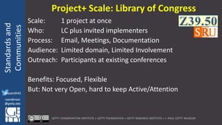 @azaroth42
rsanderson
@getty.edu
IIIF:Interoperabilituy
Standardsand
Communities
@azaroth42
rsanderson
@getty.edu
Scale: 1 project at once
Who: LC plus invited implementers
Process: Email, Meetings, Documentation
Audience: Limited domain, Limited Involvement
Outreach: Participants at existing conferences
Benefits: Focused, Flexible
But: Not very Open, hard to keep Active/Attention
Project+ Scale: Library of Congress
 