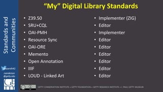 @azaroth42
rsanderson
@getty.edu
IIIF:Interoperabilituy
Standardsand
Communities
@azaroth42
rsanderson
@getty.edu
“My” Digital Library Standards
• Z39.50
• SRU+CQL
• OAI-PMH
• Resource Sync
• OAI-ORE
• Memento
• Open Annotation
• IIIF
• LOUD - Linked Art
• Implementer (ZIG)
• Editor
• Implementer
• Editor
• Editor
• Editor
• Editor
• Editor
• Editor
 