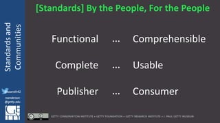 @azaroth42
rsanderson
@getty.edu
IIIF:Interoperabilituy
Standardsand
Communities
@azaroth42
rsanderson
@getty.edu
[Standards] By the People, For the People
Functional Comprehensible
Complete Usable
Publisher Consumer
…
…
…
 