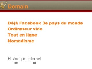 Demain
Déjà Facebook 3e pays du monde
Ordinateur vide
Tout en ligne
Nomadisme

Historique Internet

 