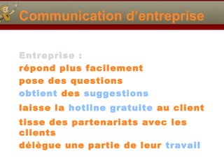 Communication d’entreprise
Entreprise :
répond plus facilement
pose des questions
obtient des suggestions
laisse la hotline gratuite au client
tisse des partenariats avec les
clients
délègue une partie de leur travail

 