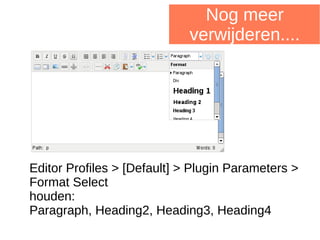 Nog meer
verwijderen....
Editor Profiles > [Default] > Plugin Parameters >
Format Select
houden:
Paragraph, Heading2, Heading3, Heading4
 