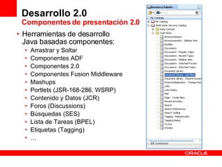Desarrollo 2.0 Componentes de presentación 2.0 Herramientas de desarrollo Java basadas componentes: Arrastrar y Soltar Componentes ADF Componentes 2.0 Componentes Fusion Middleware Mashups Portlets (JSR-168-286, WSRP) Contenido y Datos (JCR) Foros (Discussions) Búsquedas (SES) Lista de Tareas (BPEL) Etiquetas (Tagging) … 