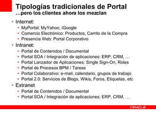 Tipologías tradicionales de Portal …pero los clientes ahora los mezclan Internet: MyPortal: MyYahoo, iGoogle Comercio Electrónico: Productos, Carrito de la Compra Presencia Web: Portal Corporativo Intranet: Portal de Contenidos / Documental Portal SOA / Integración de aplicaciones: ERP, CRM, … Portal Lanzador de Aplicaciones: Single Sign-On, Roles Portal de Procesos BPM / Tareas Portal Colaborativo: e-mail, calendario, grupos de trabajo Portal 2.0: Servicios de Blogs, Wikis, Foros, Etiquetas, etc Extranet Portal de Contenidos / Documental Portal SOA / Integración de aplicaciones: ERP, CRM, … 