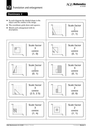Mathematics
12         Translation and enlargement
                                                                      for GCSE




    Dominoes 2

●   In each diagram the shaded shape is the
    object and the outline is the image.
●   The coordinate grids show unit squares.     y
                                                        Scale factor
●   Match each enlargement with its                          1
    description.                                             2
                                                          centre
                                                          (1, 1)
                                                    x




       y                                        y
                                 Scale factor           Scale factor
                                      3                      2
                                   centre                 centre
                                    (1, 0)                 (0, 1)
                        x                           x




       y                                        y
                                 Scale factor           Scale factor
                                            1
                                            2
                                                             3
                                     centre               centre
                                     (0, 1)                (0, 1)
                        x                           x




       y                                        y
                                 Scale factor           Scale factor
                                      3                      2
                                    centre                centre
                                  (2.5, 2.5)               (0, 0)
                        x                           x




       y                                        y
                                 Scale factor           Scale factor
                                      3                      2
                                   centre                 centre
                                    (1, 4)                 (1, 1)
                        x                           x




AQA Mathematics for GCSE © Nelson Thornes                   Foundation Module 5
 