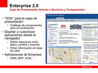 Enterprise 2.0 Capa de Presentación Orienta a Servicios y Componentes  “ SOA” para la capa de presentación Catálogo de componentes para su reutilización Diseñar y customizar aplicaciones desde el navegador Definir relaciones entre datos, portlets y eventos Filtrar información en base de roles Aplicaciones de Empresa CRM, ERP, HCM, … 
