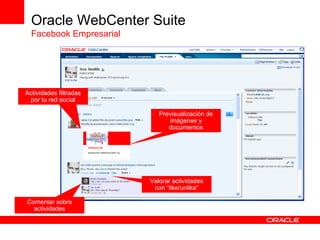 Actividades filtradas por tu red social Previsualización de imágenes y documentos Comentar sobre actividades Valorar actividades con “like/unlike” Oracle WebCenter Suite Facebook Empresarial 