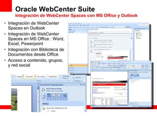 Integración de WebCenter Spaces en Outlook Integración de WebCenter Spaces en MS Office : Word, Excel, Powerpoint Integración con Biblioteca de Documentos desde Office Acceso a contenido, grupos, y red social Oracle WebCenter Suite Integración de WebCenter Spaces con MS Office y Outlook 