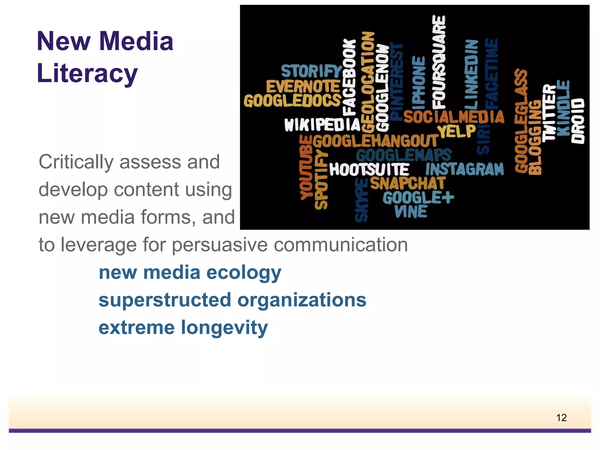 New Media
Literacy
Critically assess and
develop content using
new media forms, and
to leverage for persuasive communication
new media ecology
superstructed organizations
extreme longevity

12

 