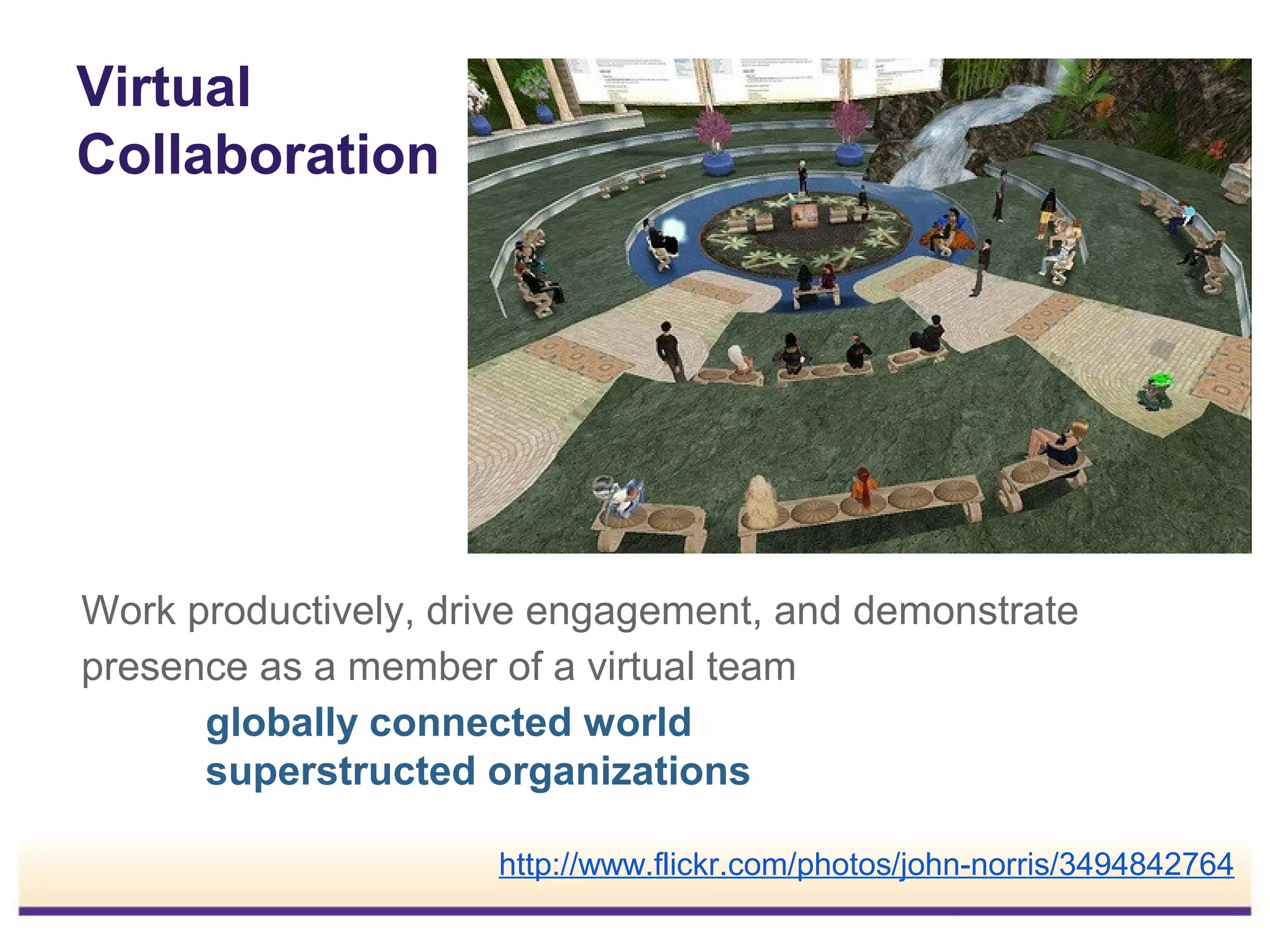 Virtual
Collaboration

Work productively, drive engagement, and demonstrate
presence as a member of a virtual team
globally connected world
superstructed organizations
http://www.flickr.com/photos/john-norris/3494842764

 