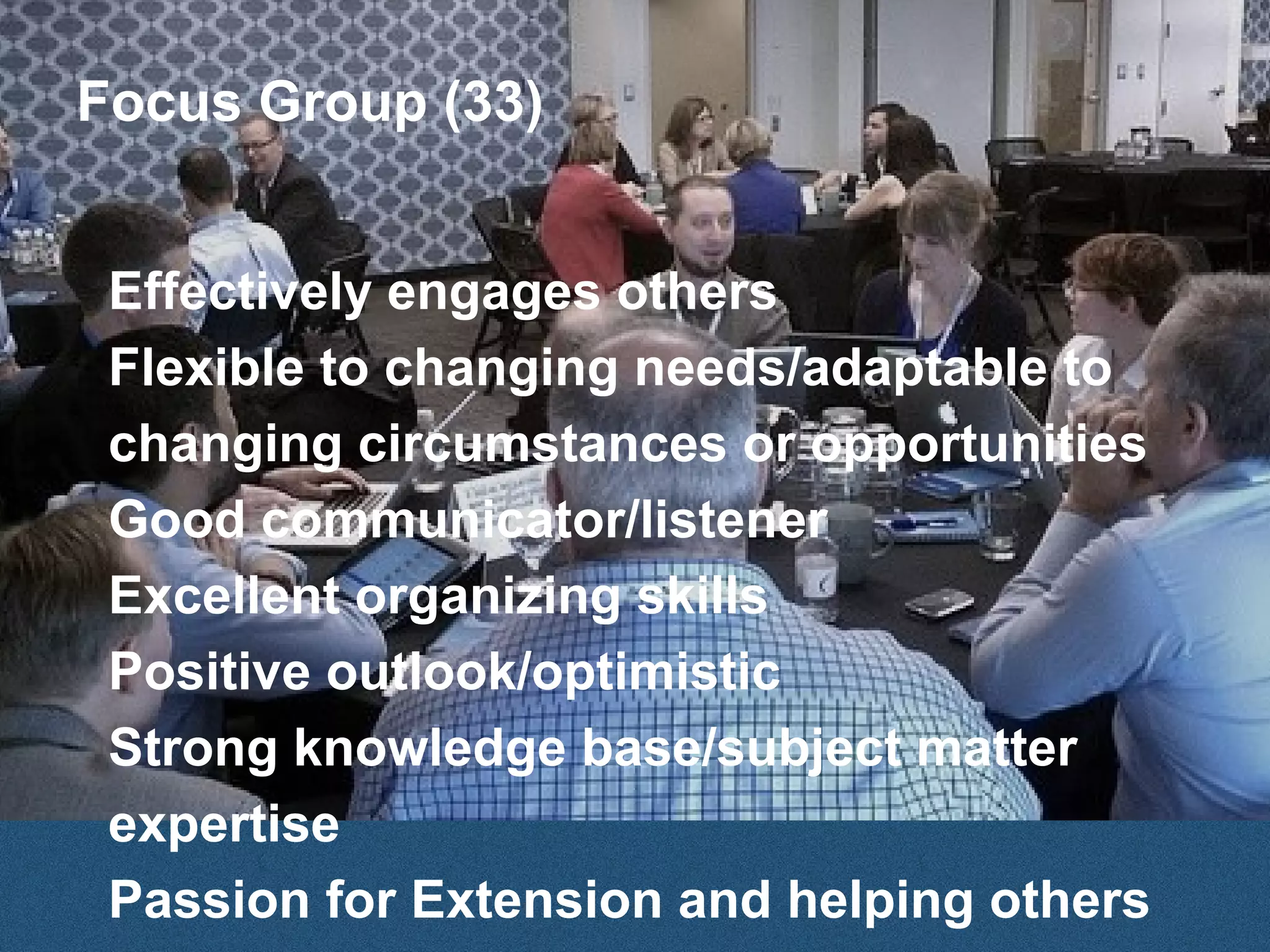 Focus Group (33)
Effectively engages others
Flexible to changing needs/adaptable to
changing circumstances or opportunities
Good communicator/listener
Excellent organizing skills
Positive outlook/optimistic
Strong knowledge base/subject matter
expertise
Passion for Extension and helping others

 