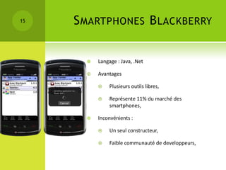 15   S MARTPHONES B LACKBERRY


          Langage : Java, .Net

          Avantages

               Plusieurs outils libres,

               Représente 11% du marché des
                smartphones,

          Inconvénients :

               Un seul constructeur,

               Faible communauté de developpeurs,
 