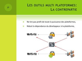 L ES    OUTILS MULTI PLATEFORMES :
27
                                    LA    CONTREPARTIE



        Ne tire pas profit de toute la puissance des plateformes,

        Réduit la dépendance du développeur à la plateforme,
 