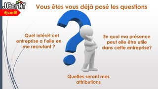 En quoi ma présence
peut elle être utile
dans cette entreprise?
#jcertif
Quel intérêt cet
entreprise a t'elle en
me recrutant ?
Vous êtes vous déjà posé les questions
Quelles seront mes
attributions
 