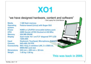 “we have designed hardware, content and software”
Media 1 GB ﬂash memory
Operating
system
Fedora-based (Linux) with Sugar GUI
Power NiMH or LiFePO4 removable battery pack
CPU AMD Geode LX700 Clocked at 433 Mhz
Memory 256 MB DRAM
Display dual-mode 19.1 cm/7.5" diagonal TFT LCD
1200×900
Input Keyboard, Touchpad, Microphone, Camera
Camera 640×480; 30 FPS
Connectivity 802.11b/g /s wireless LAN, 3 x USB 2.0,
MMC/SD card slot
Dimensions 242 mm × 228 mm × 32 mm
Weight 1.45 kg-1.58 kg
This was back in 2005.
XO1
- One Laptop Per Child Mission
7Sunday, July 7, 13
 