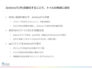 Jenkinsで(半)⾃動化することで、トイルの削減に成功
• RDSに直接作業せず、Jenkinsから作業
• パラメータ付きビルドによって、作業が簡単に
• ⽇次でRDSの情報を収集し、Jenkins上で設定内容を確認可能
• 設定Yamlファイルを(半)⾃動⽣成
• featureブランチ作成、yaml⽣成、⾃動PushがJenkinsから可能に
• ⽇次で本番にリポジトリをPushするため、作業不要に
• ajsコマンドをJenkinsから実⾏
• JP1ジョブの作成がGUIを触らずに可能
• ジョブの設定内容が簡単に確認できる
• 問題箇所は⾊を変更することで⼀⽬でわかるように
 