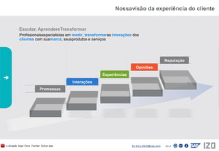 Nossavisão da experiência do clienteEscutar, AprendereTransformarProfissionaisespecialistas em medir, transformaras interações dos clientes com suamarca, seusprodutos e serviçosReputaçãoOpiniõesExperiênciasInteraçõesPromessas