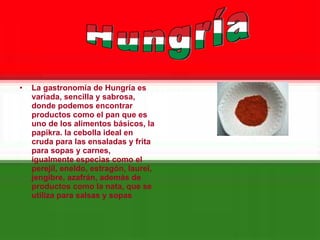 La gastronomía de Hungría es variada, sencilla y sabrosa, donde podemos encontrar productos como el pan que es uno de los alimentos básicos, la papikra. la cebolla ideal en cruda para las ensaladas y frita para sopas y carnes, igualmente especias como el perejil, eneldo, estragón, laurel, jengibre, azafrán, además de productos como la nata, que se utiliza para salsas y sopas  Hungría 