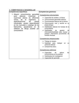 3.- COMPETENCIAS A DESARROLLAR
Competencias específicas:
Adquirir conocimientos generales
para elaborar, interpretar y
supervisar planos de diferentes
ramas de la ingeniería y
especificaciones de piezas
industriales, equipo especializado
en los manuales y catalogo de los
fabricantes, apoyándose en el
software de dibujo asistido por
computadora
Competencias genéricas:
Competencias instrumentales
• Capacidad de análisis y síntesis
• Conocimientos generales básicos
• Conocimientos básicos de la carrera
• Comunicación oral y escrita en su
propia lengua
• Habilidades básicas de manejo de la
computadora
• Habilidades de gestión de
información(habilidad para buscar y
analizar información proveniente de
fuentes diversas
Competencias interpersonales
• Trabajo en equipo
• Habilidad para trabajar en un
ambiente laboral
• Compromiso ético
Competencias sistémicas
• Capacidad de aplicar los
conocimientos en la práctica
• Habilidades de investigación
• Capacidad de aprender
 