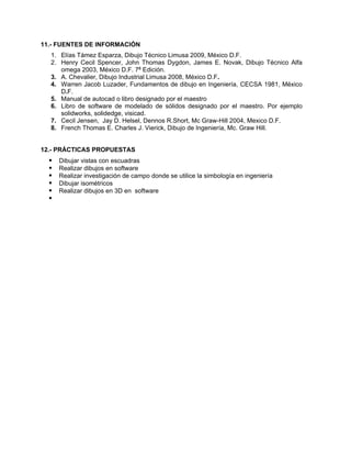 11.- FUENTES DE INFORMACIÓN
1. Elías Támez Esparza, Dibujo Técnico Limusa 2009, México D.F.
2. Henry Cecil Spencer, John Thomas Dygdon, James E. Novak, Dibujo Técnico Alfa
omega 2003, México D.F. 7a
Edición.
3. A. Chevalier, Dibujo Industrial Limusa 2008, México D.F.
4. Warren Jacob Luzader, Fundamentos de dibujo en Ingeniería, CECSA 1981, México
D.F.
5. Manual de autocad o libro designado por el maestro
6. Libro de software de modelado de sólidos designado por el maestro. Por ejemplo
solidworks, solidedge, visicad.
7. Cecil Jensen, Jay D. Helsel, Dennos R.Short, Mc Graw-Hill 2004, Mexico D.F.
8. French Thomas E. Charles J. Vierick, Dibujo de Ingeniería, Mc. Graw Hill.
12.- PRÁCTICAS PROPUESTAS
Dibujar vistas con escuadras
Realizar dibujos en software
Realizar investigación de campo donde se utilice la simbología en ingeniería
Dibujar isométricos
Realizar dibujos en 3D en software
 