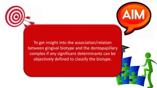 To get insight into the association/relation
between gingival biotype and the dentopapillary
complex if any significant determinants can be
objectively defined to classify the biotype.
 