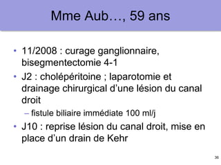 36
Mme Aub…, 59 ans
• 11/2008 : curage ganglionnaire,
bisegmentectomie 4-1
• J2 : cholépéritoine ; laparotomie et
drainage chirurgical d’une lésion du canal
droit
– fistule biliaire immédiate 100 ml/j
• J10 : reprise lésion du canal droit, mise en
place d’un drain de Kehr
 