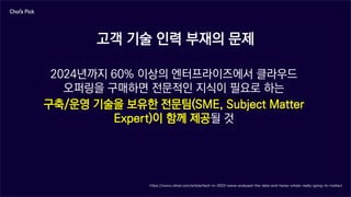 SUSE Open Source Day | 13
이를 실행하기 위해 조직은 새로운 지속가능한 기술 프레임워크 필요
고객 기술 인력 부재의 문제
2024년까지 60% 이상의 엔터프라이즈에서 클라우드
오퍼링을 구매하면 전문적인 지식이 필요로 하는
구축/운영 기술을 보유한 전문팀(SME, Subject Matter
Expert)이 함께 제공될 것
Choi’s Pick
https://www.zdnet.com/article/tech-in-2023-weve-analysed-the-data-and-heres-whats-really-going-to-matter/
 