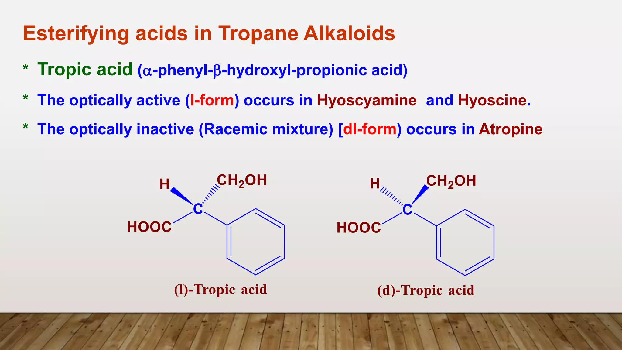 Esterifying acids in Tropane Alkaloids
* Tropic acid (a-phenyl-b-hydroxyl-propionic acid)
* The optically active (l-form) occurs in Hyoscyamine and Hyoscine.
* The optically inactive (Racemic mixture) [dl-form) occurs in Atropine
 