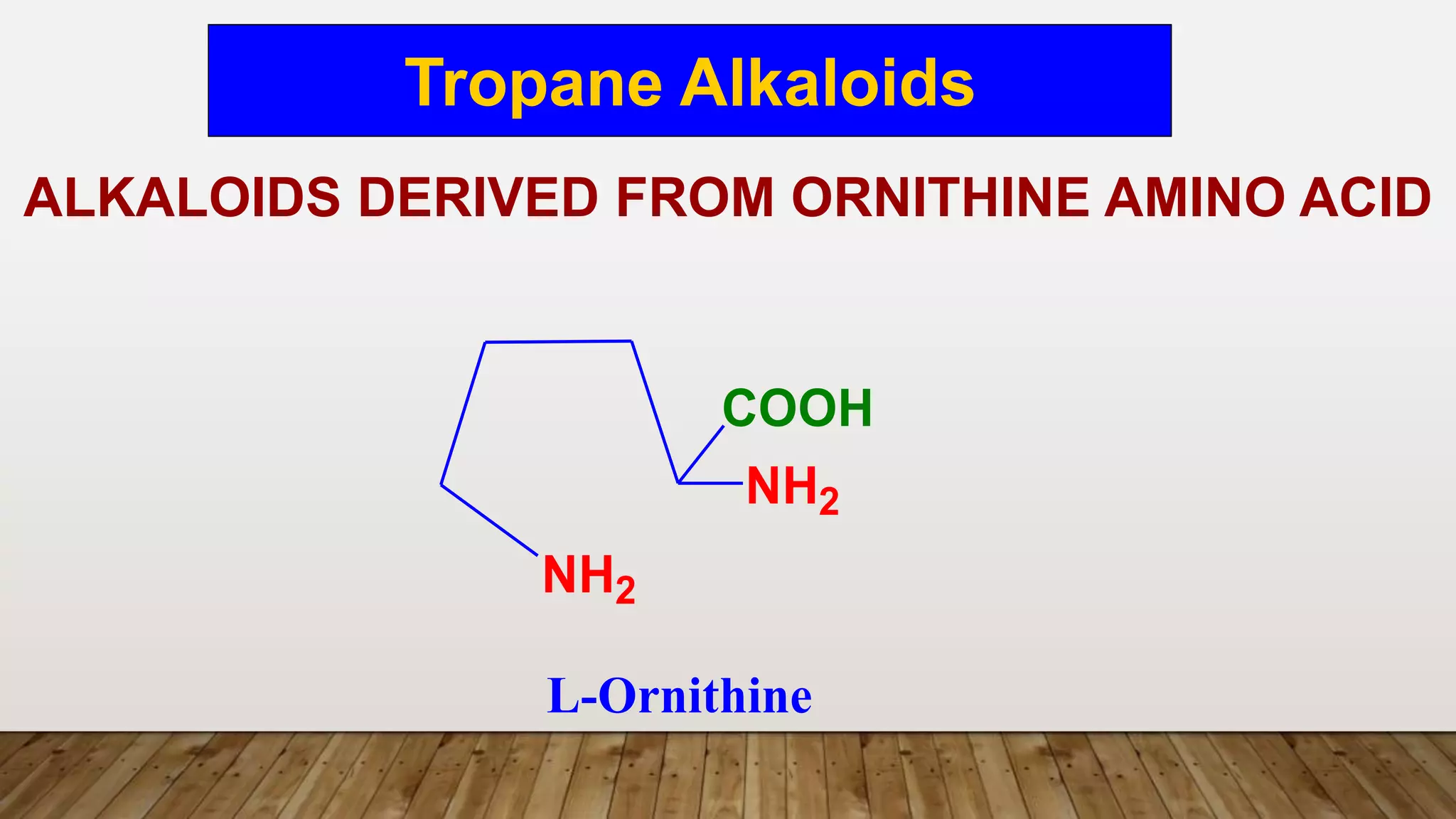 ALKALOIDS DERIVED FROM ORNITHINE AMINO ACID
L-Ornithine
NH2
NH2
COOH
Tropane Alkaloids
 