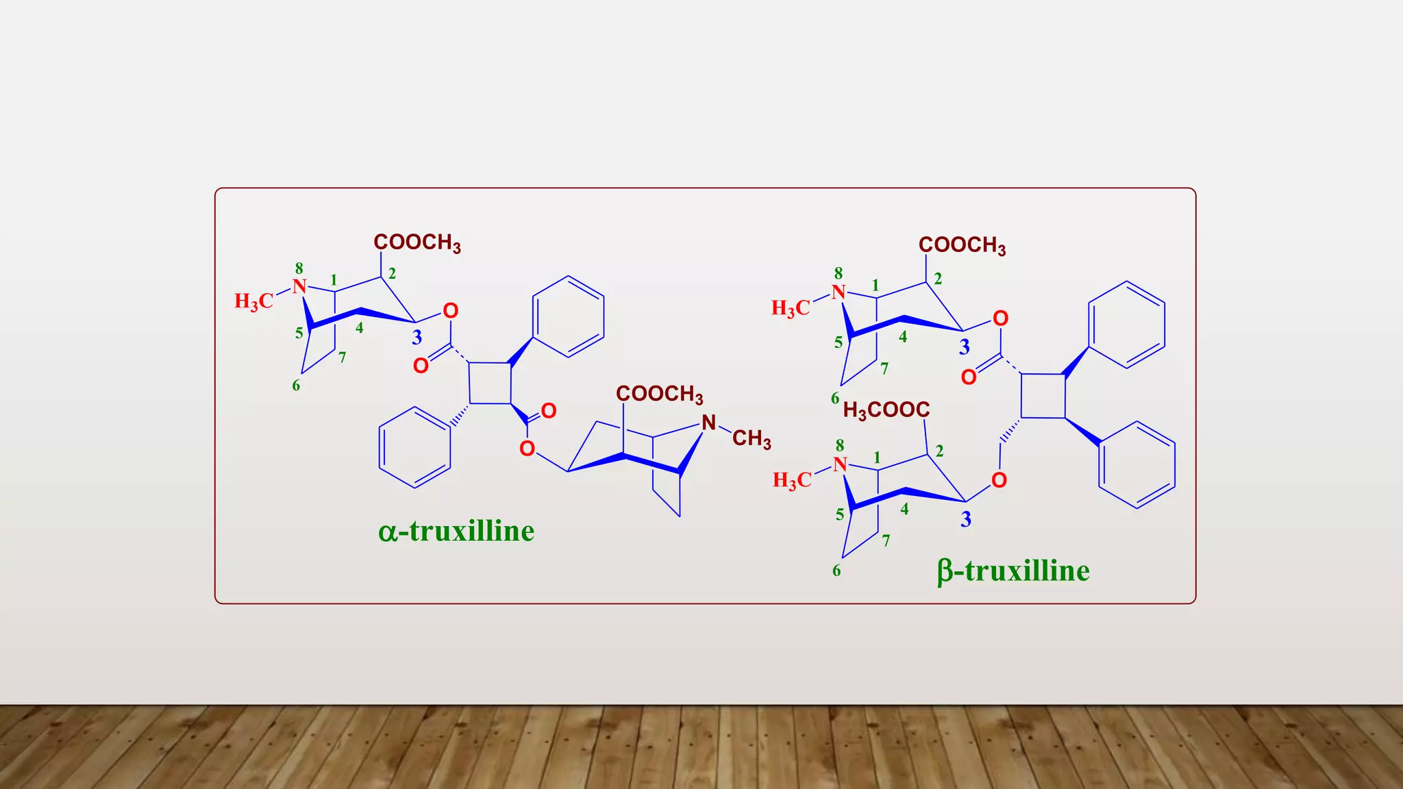 N
H3C
1 2
3
4
5
6
7
8
O
COOCH3
O
O
O
N
COOCH3
CH3
N
H3C
1 2
3
4
5
6
7
8
O
COOCH3
O
N
H3C
1 2
3
4
5
6
7
8
O
H3COOC
a-truxilline
b-truxilline
 