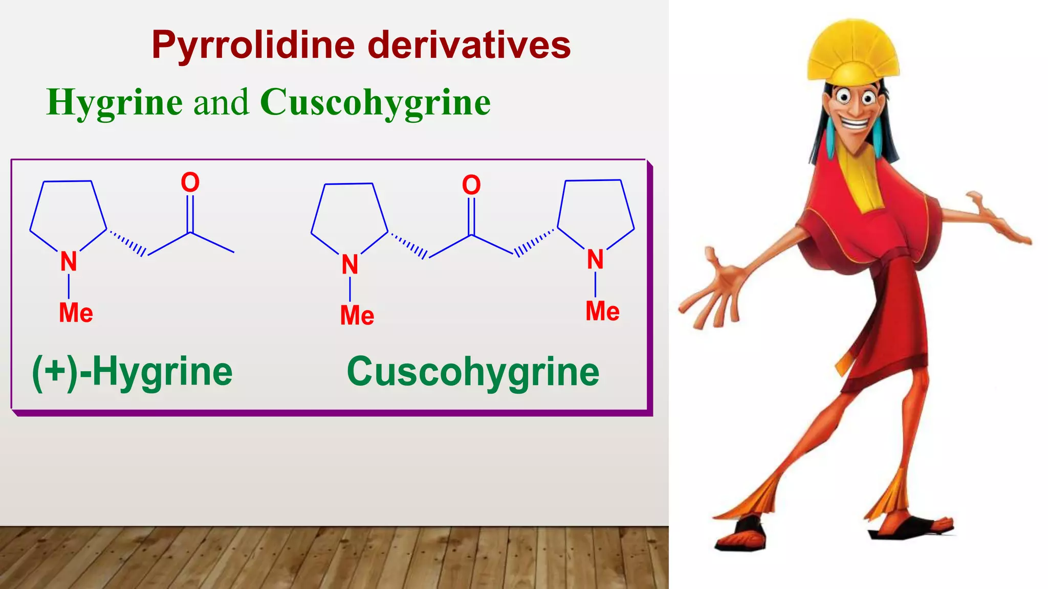 Pyrrolidine derivatives
Hygrine and Cuscohygrine
N
O
Me
(+)-Hygrine
N
O
Me
N
Me
Cuscohygrine
 