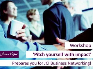 Workshop.
‘Pitch yourself with impact’.
Prepares you for JCI Business Networking!.

 