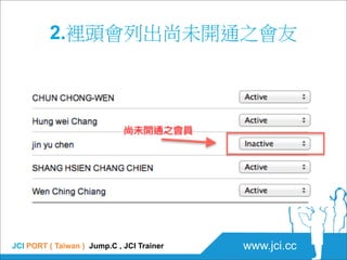 2.裡頭會列出尚未開通之會友




JCI PORT ( Taiwan ) Jump.C , JCI Trainer   www.jci.cc
 