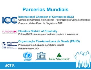 Parcerias Mundiais
International Chamber of Commerce (ICC)
Câmara de Comércio Internacional - Federação das Câmaras Mundiais
Concurso Melhor Plano de Negócios – BBP


Flanders District of Creativity
Prêmio CYEA para empreendedores criativos e inovadores


Organização Pan-Americana de Saude (PAHO)
Projetos para redução da mortalidade infantil
Parceria desde 2004
 