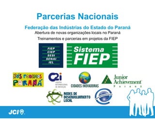 Parcerias Nacionais
Federação das Indústrias do Estado do Paraná
    Abertura de novas organizações locais no Paraná
     Treinamentos e parcerias em projetos da FIEP
 