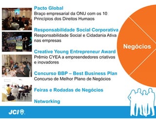Pacto Global
Braço empresarial da ONU com os 10
Princípios dos Direitos Humaos

Responsabilidade Social Corporativa
Responsabilidade Social e Cidadania Ativa
nas empresas

Creative Young Entrepreneur Award
Prêmio CYEA a empreendedores criativos
e inovadores

Concurso BBP – Best Business Plan
Concurso de Melhor Plano de Negócios

Feiras e Rodadas de Negócios

Networking
 