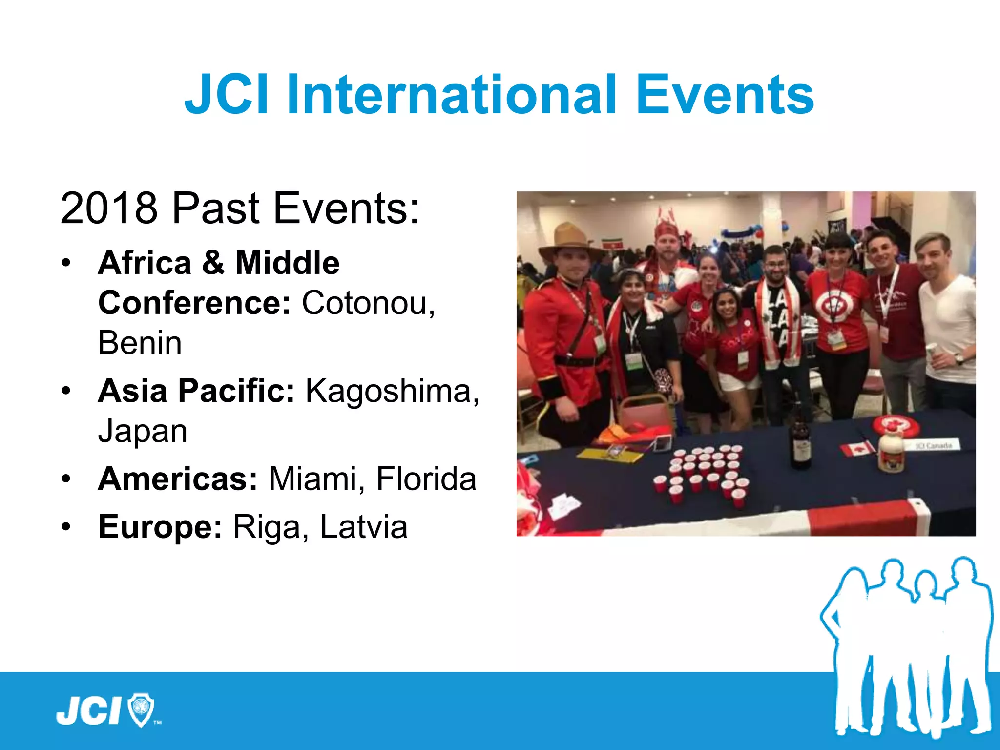 JCI International Events
2018 Past Events:
• Africa & Middle
Conference: Cotonou,
Benin
• Asia Pacific: Kagoshima,
Japan
• Americas: Miami, Florida
• Europe: Riga, Latvia
 