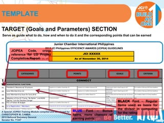 PHILIPPINES
A Special JCIPEA Training Module compiled and developed by:
CHRISTOPHER M. CAMBA
2015 National Secretary General
Senator No. 71347
TEMPLATE
TARGET (Goals and Parameters) SECTION
Serve as guide what to do, how and when to do it and the corresponding points that can be earned
JCIPEA Code, cross
reference for LO Project
Completion Report
BLACK Font – Regular
Items used as basis for
the divisor in computing
for the rating
BLUE Font – Bonus
Items, more chances of
earning points
 